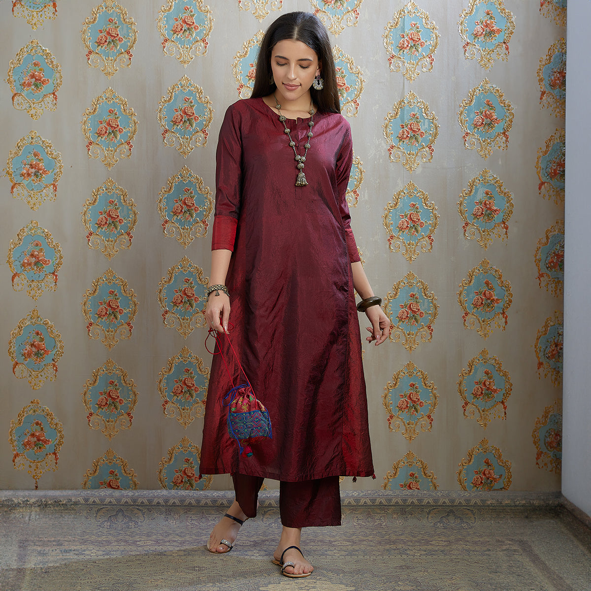 Vibhuti-Marron Hand Crushed Silk Straight Kurta & Pants