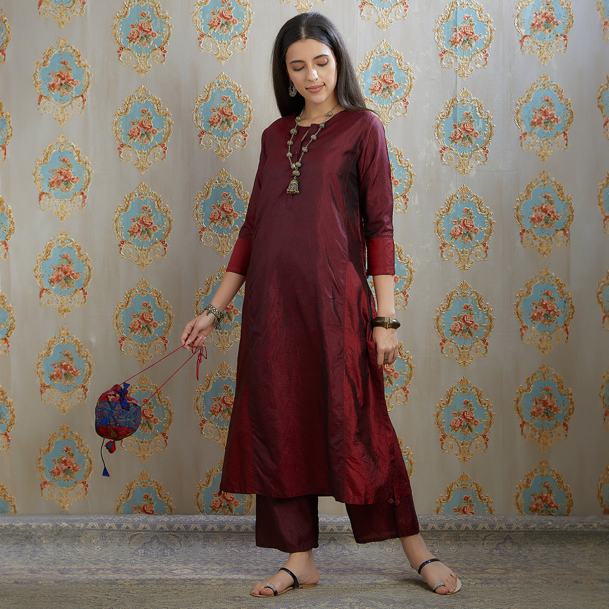 Vibhuti-Marron Hand Crushed Silk Straight Kurta & Pants