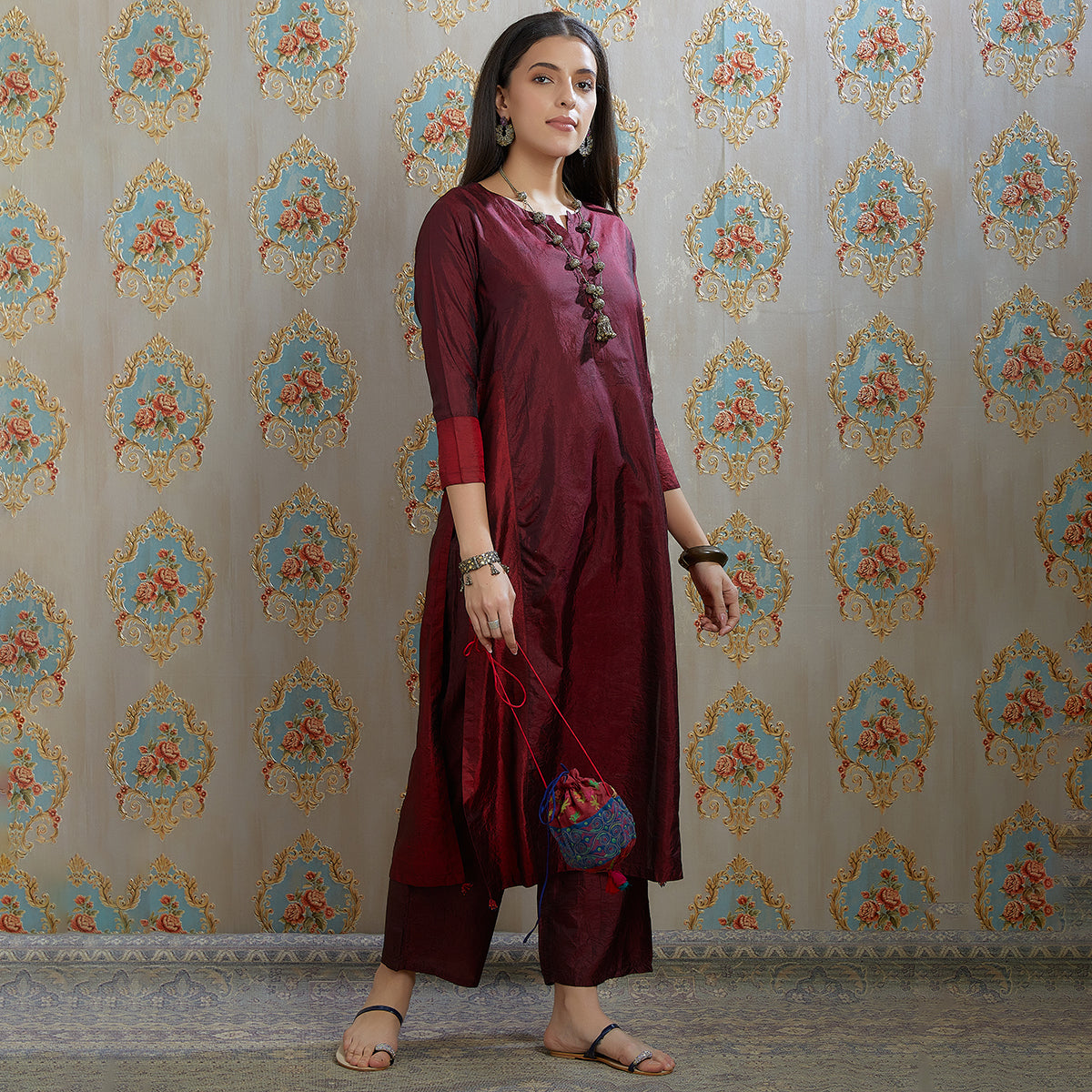 Vibhuti-Marron Hand Crushed Silk Straight Kurta & Pants