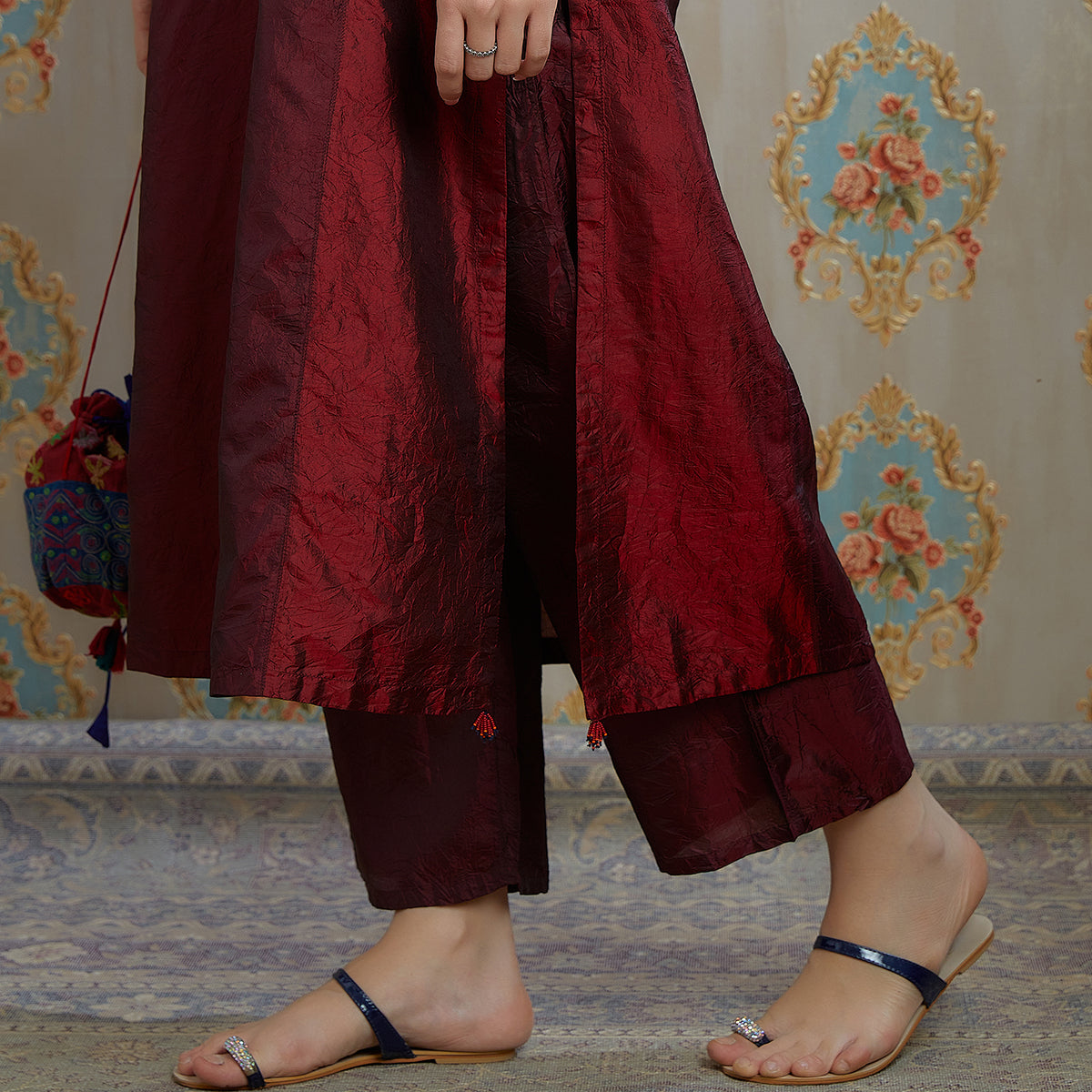 Vibhuti-Marron Hand Crushed Silk Straight Kurta & Pants