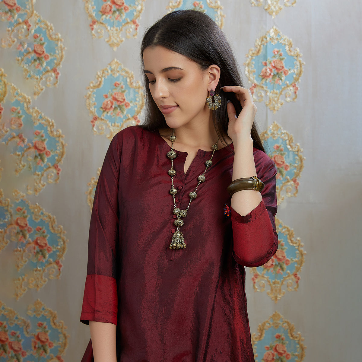 Vibhuti-Marron Hand Crushed Silk Straight Kurta & Pants