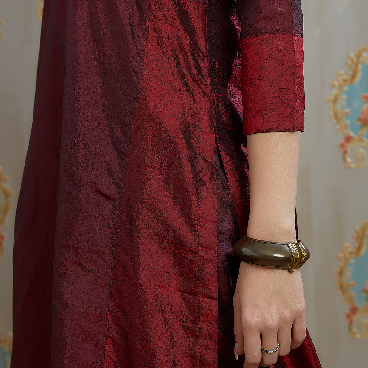 Vibhuti-Marron Hand Crushed Silk Straight Kurta & Pants