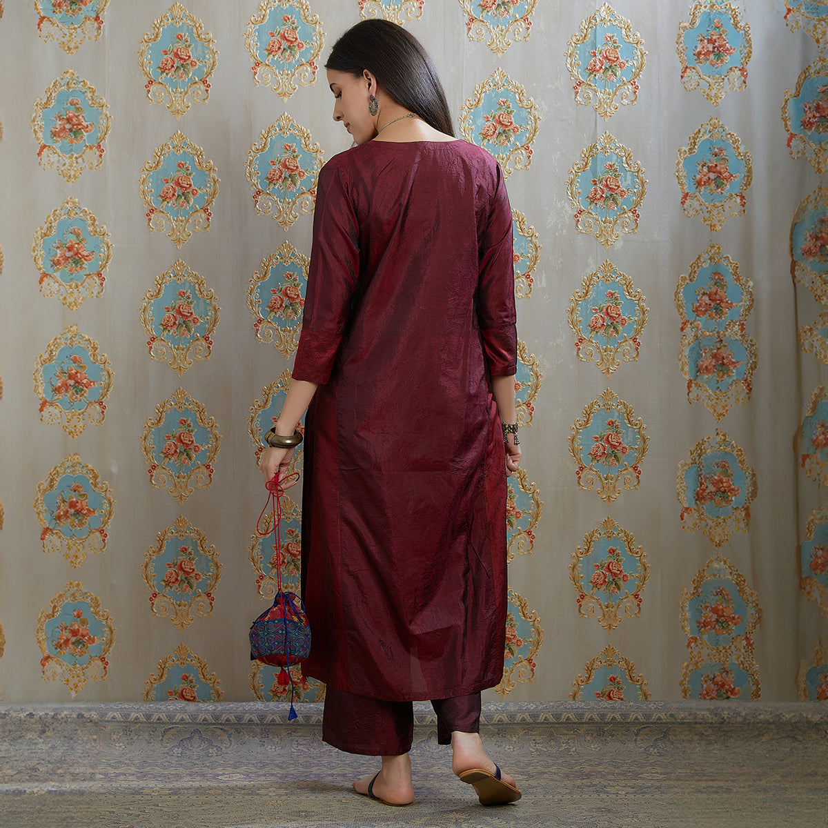 Vibhuti-Marron Hand Crushed Silk Straight Kurta & Pants