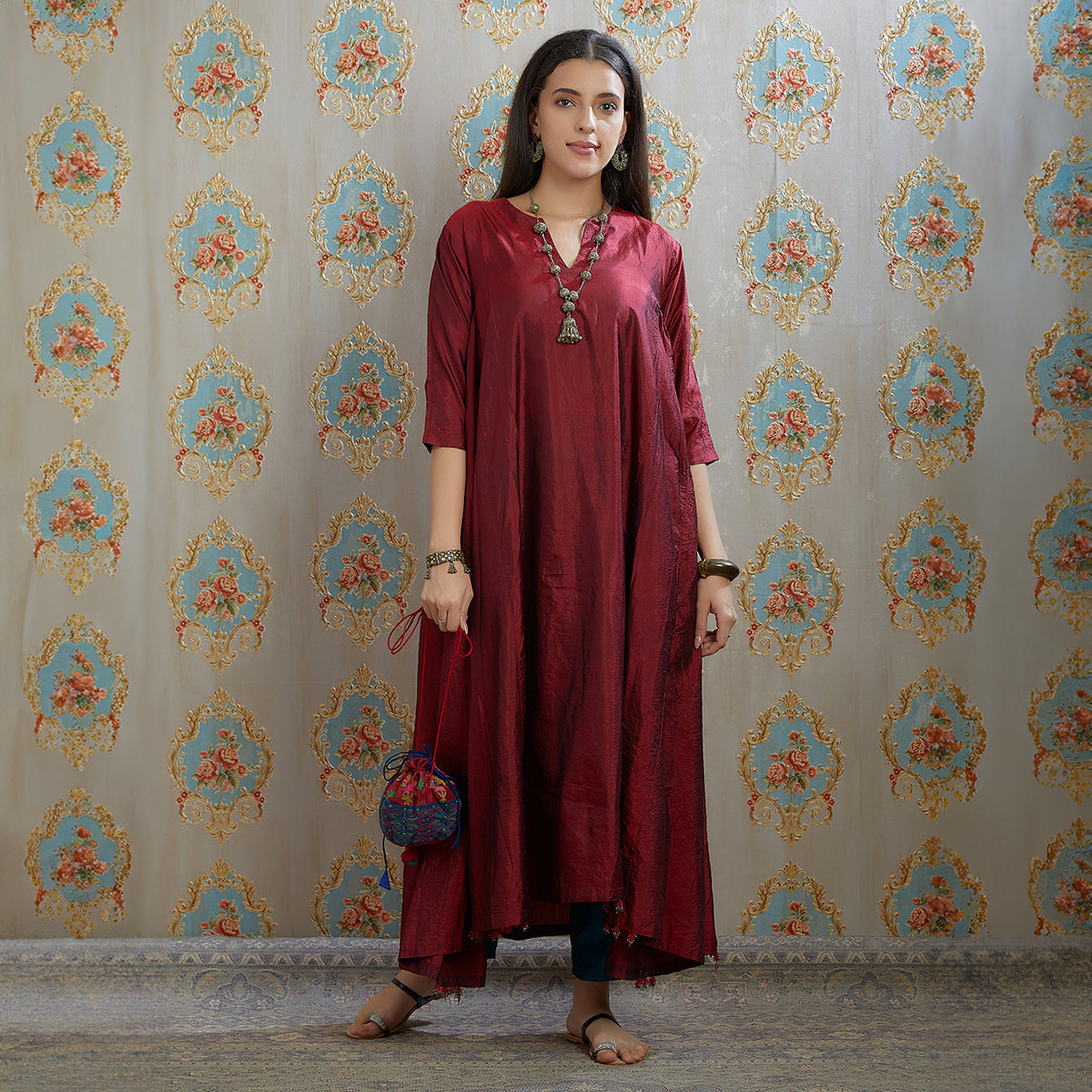 Vibhuti-Maroon Hand Crushed Silk Aline Kurta & Pants