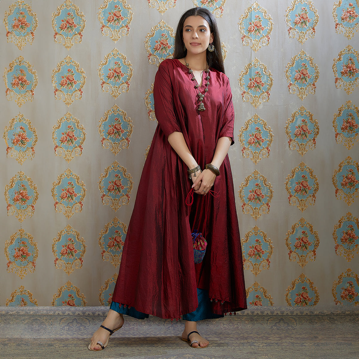 Vibhuti-Maroon Hand Crushed Silk Aline Kurta & Pants