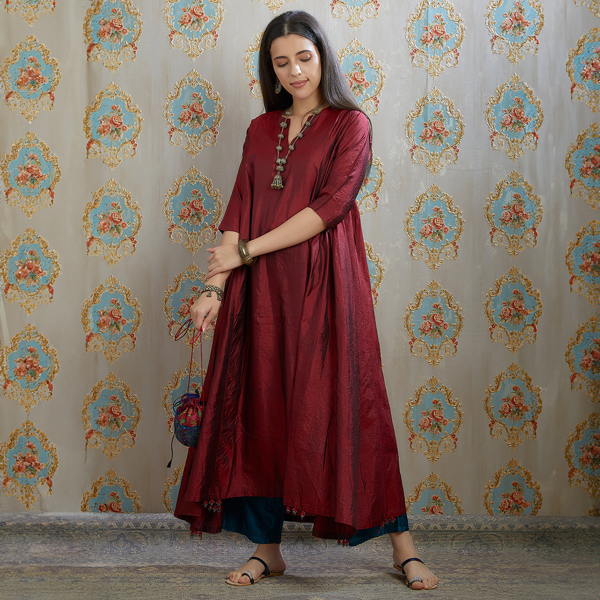 Vibhuti-Maroon Hand Crushed Silk Aline Kurta & Pants