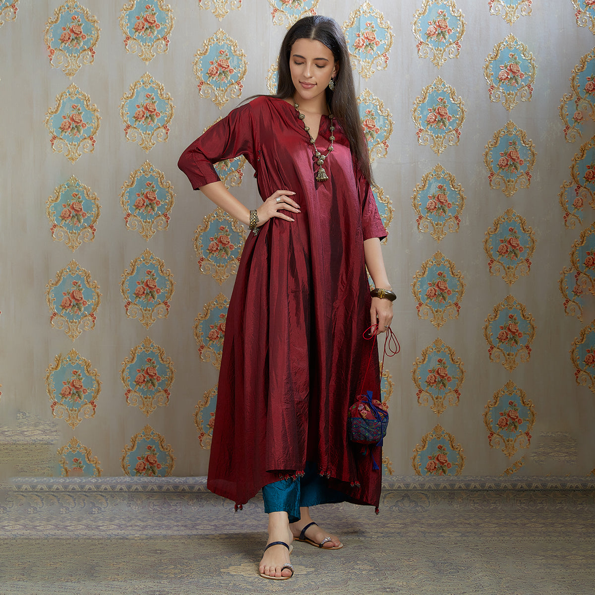 Vibhuti-Maroon Hand Crushed Silk Aline Kurta & Pants