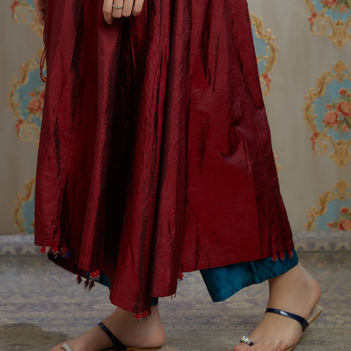 Vibhuti-Maroon Hand Crushed Silk Aline Kurta & Pants