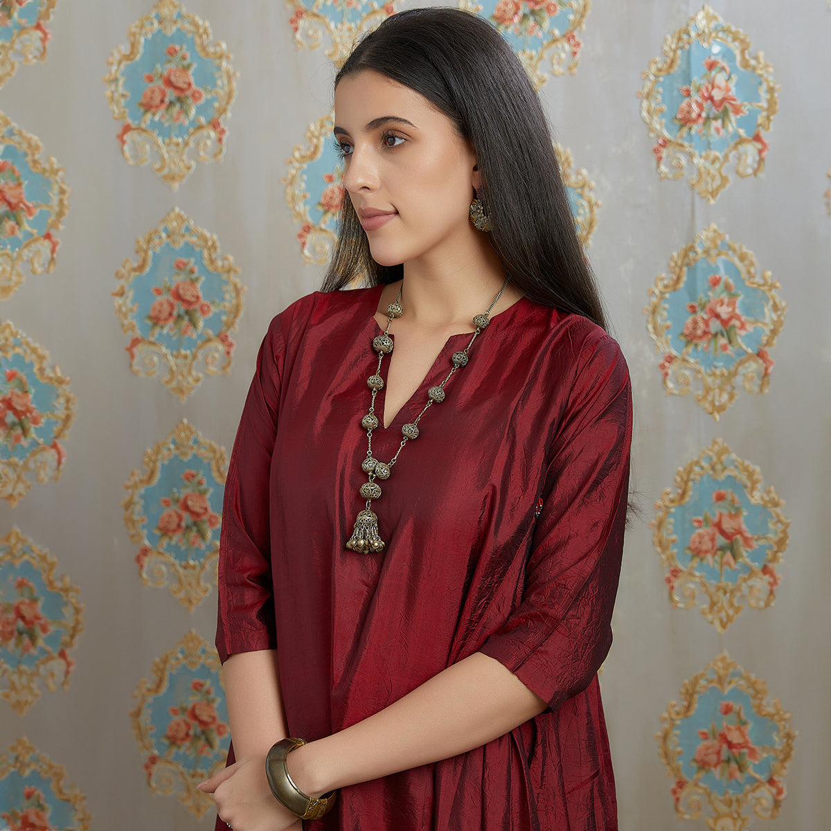 Vibhuti-Maroon Hand Crushed Silk Aline Kurta & Pants