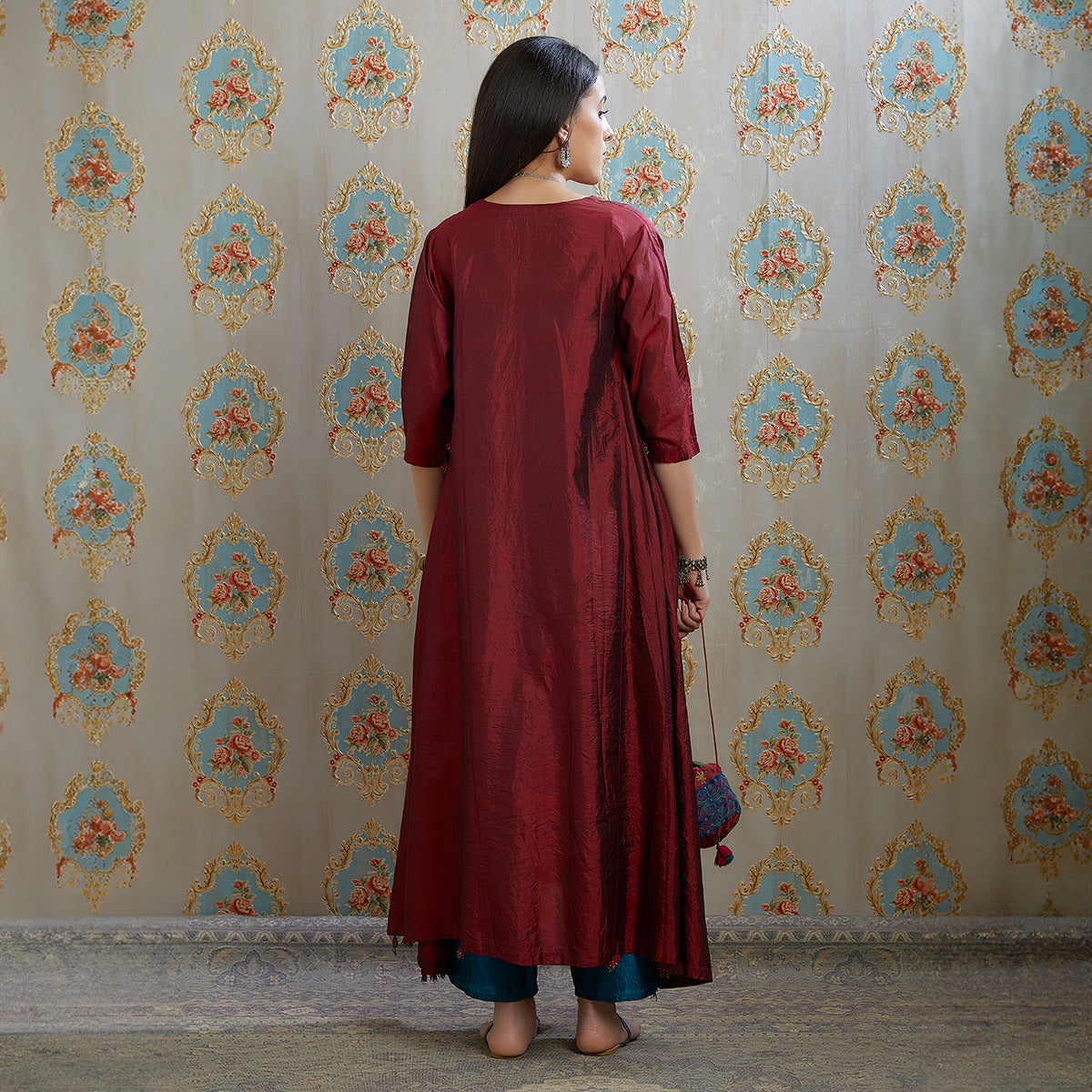 Vibhuti-Maroon Hand Crushed Silk Aline Kurta & Pants