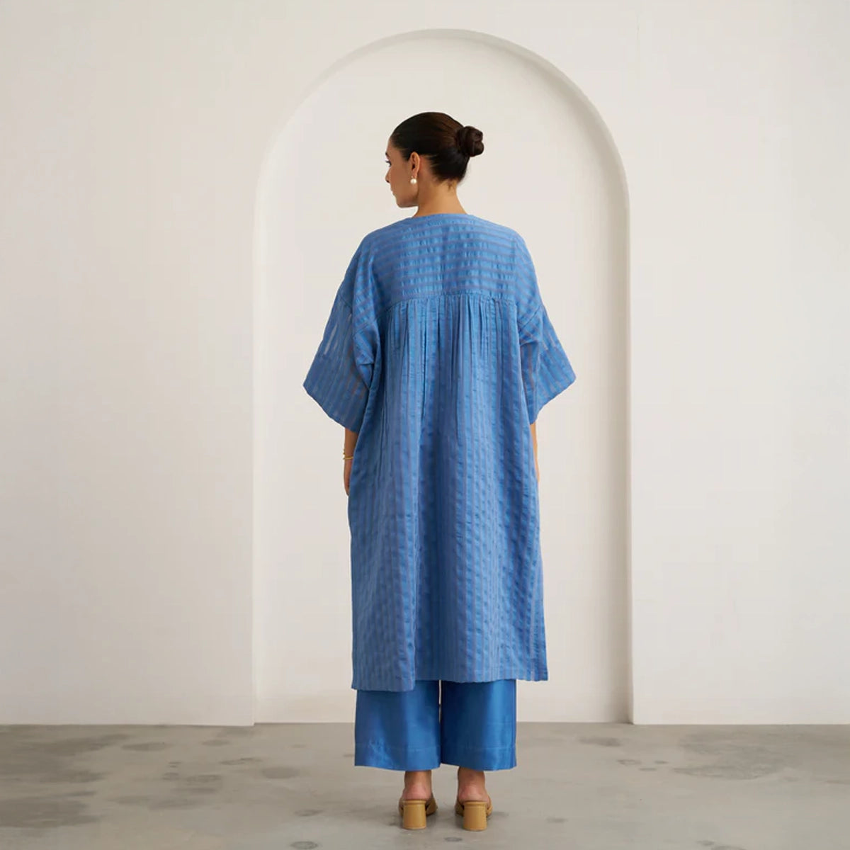 The Ocean Blue Silk Chanderi Kaftan Set with Handwork