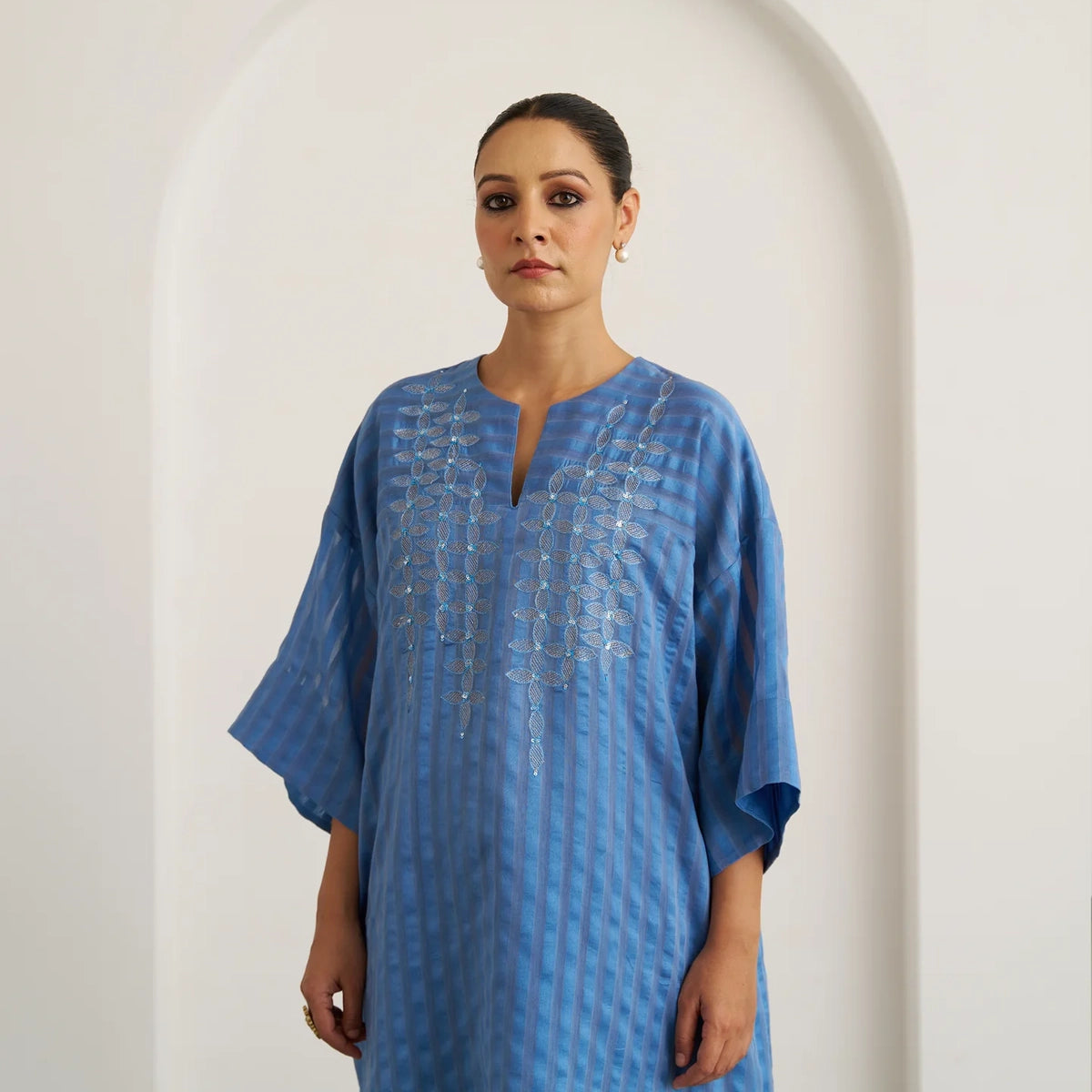 The Ocean Blue Silk Chanderi Kaftan Set with Handwork