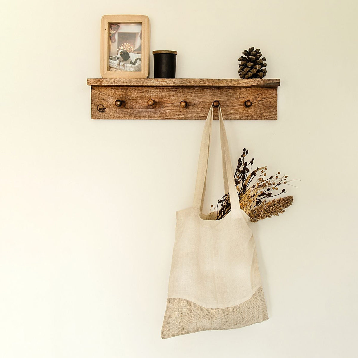 Multi Functional Wood Wall Shelf with Hooks