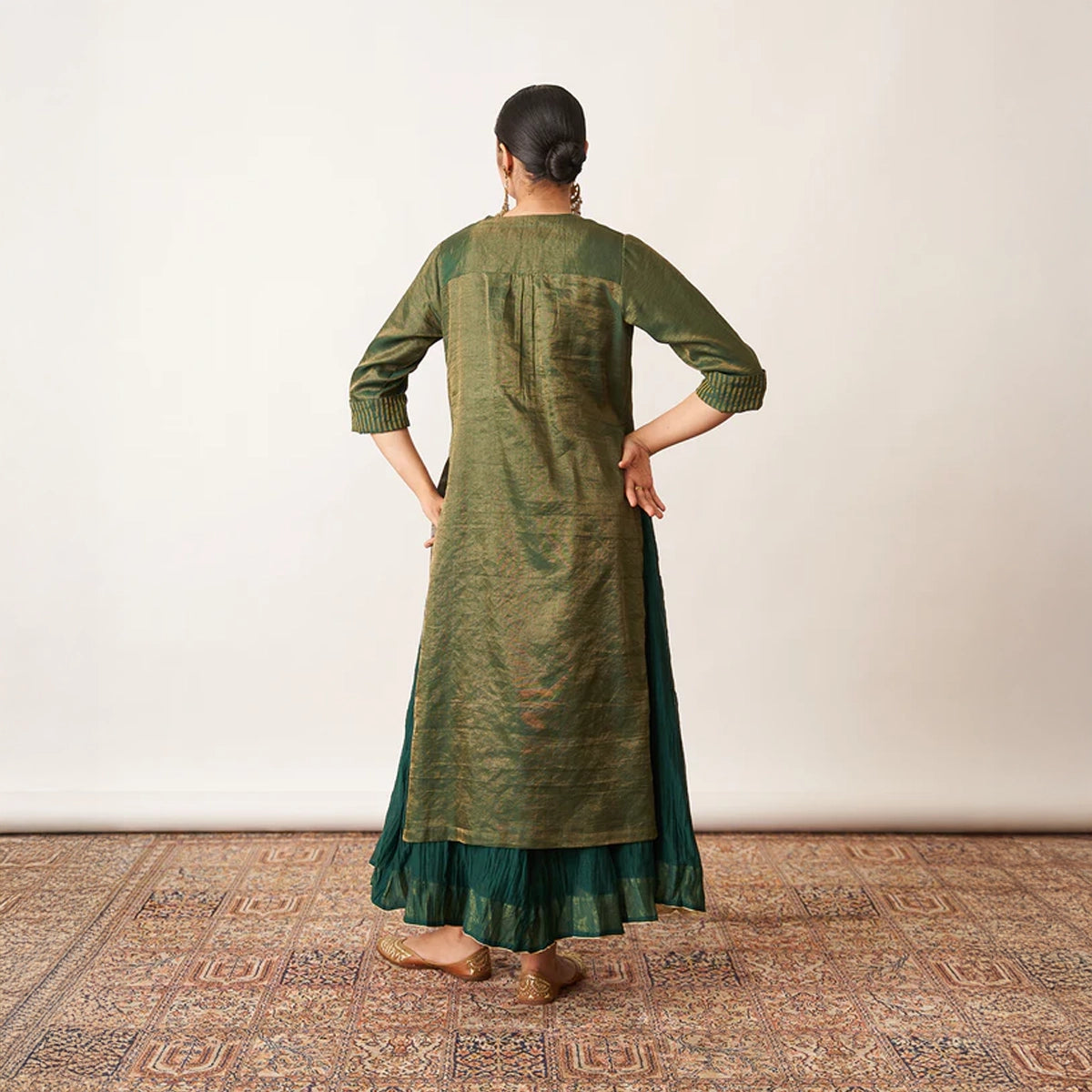 The Bottle Green Silk Tissue Chanderi Kalidaar Ensemble