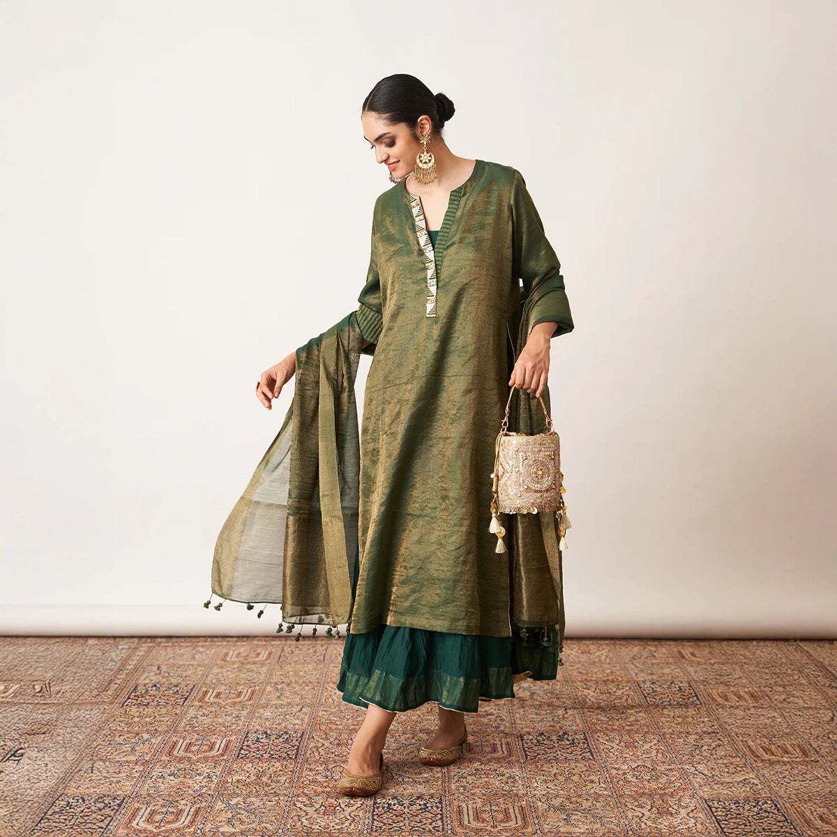 The Bottle Green Silk Tissue Chanderi Kalidaar Ensemble