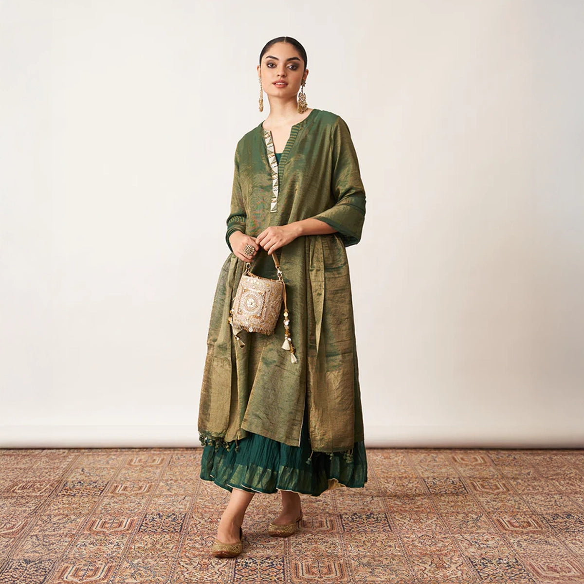 The Bottle Green Silk Tissue Chanderi Kalidaar Ensemble