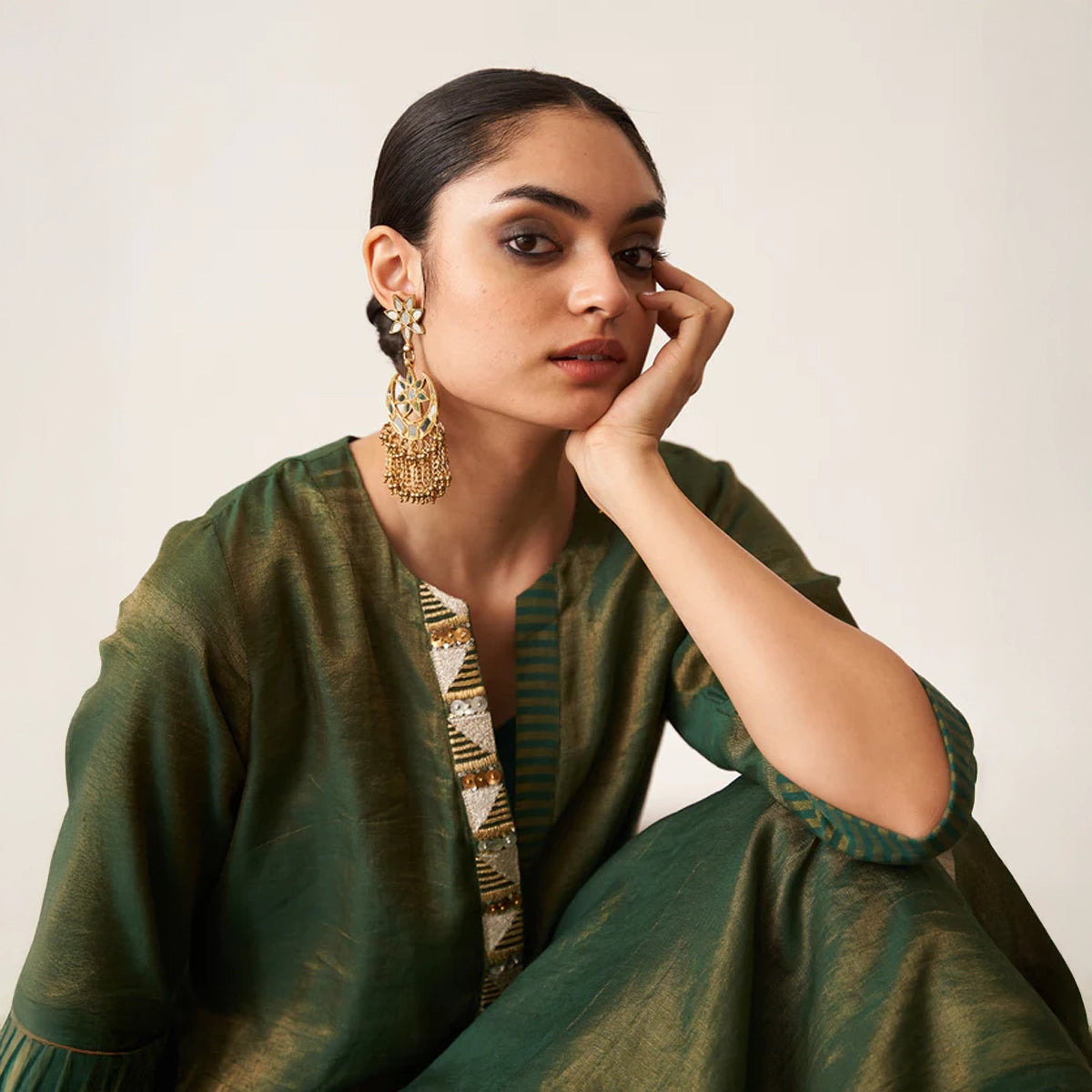 The Bottle Green Silk Tissue Chanderi Kalidaar Ensemble