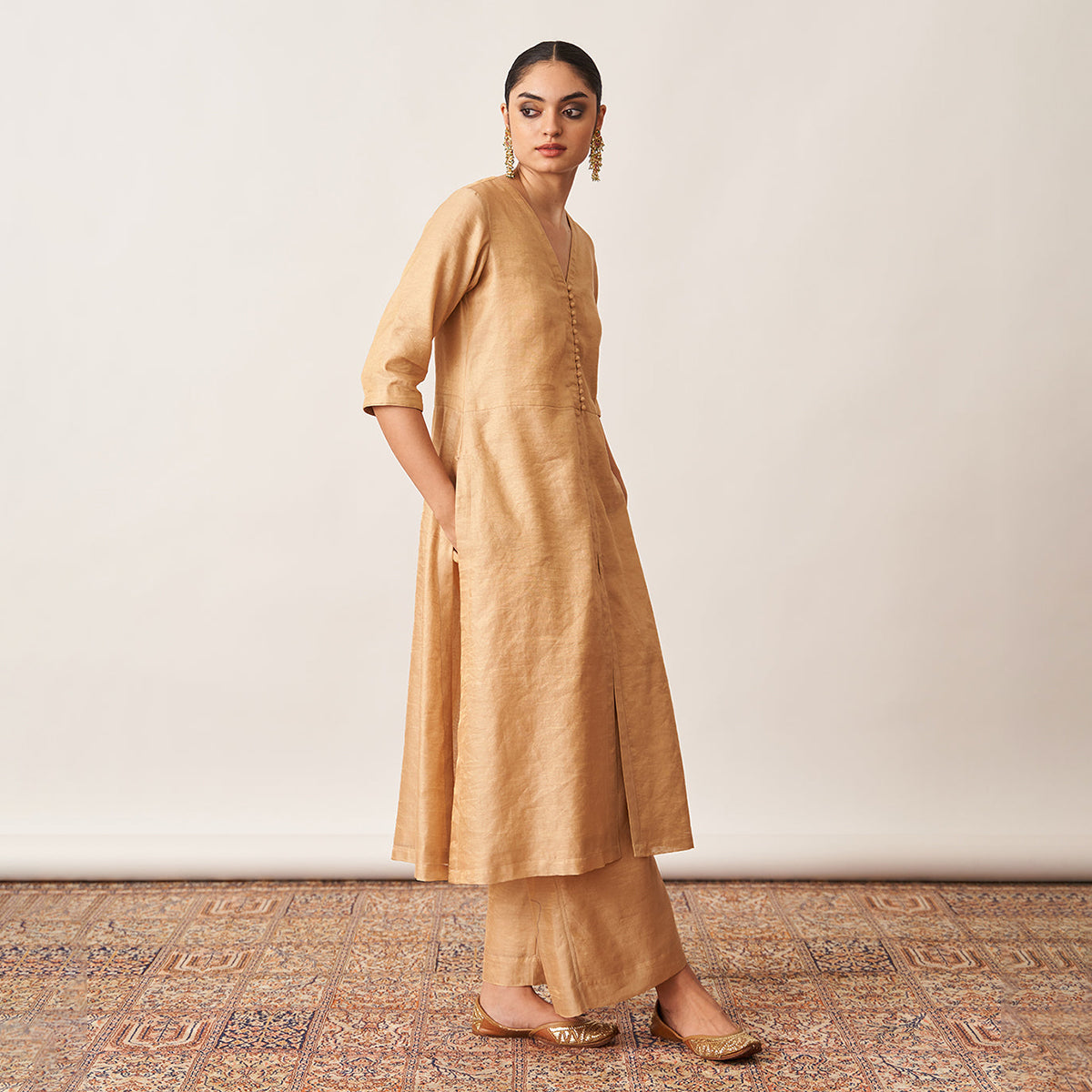 Pure Silk Tissue Chanderi Kurta & Pant Set | Gold