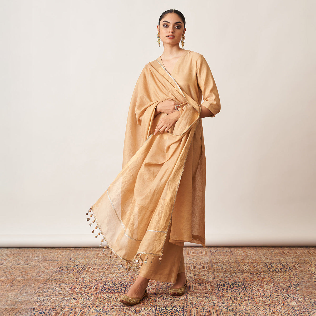 Pure Silk Tissue Chanderi Kurta & Pant Set | Gold