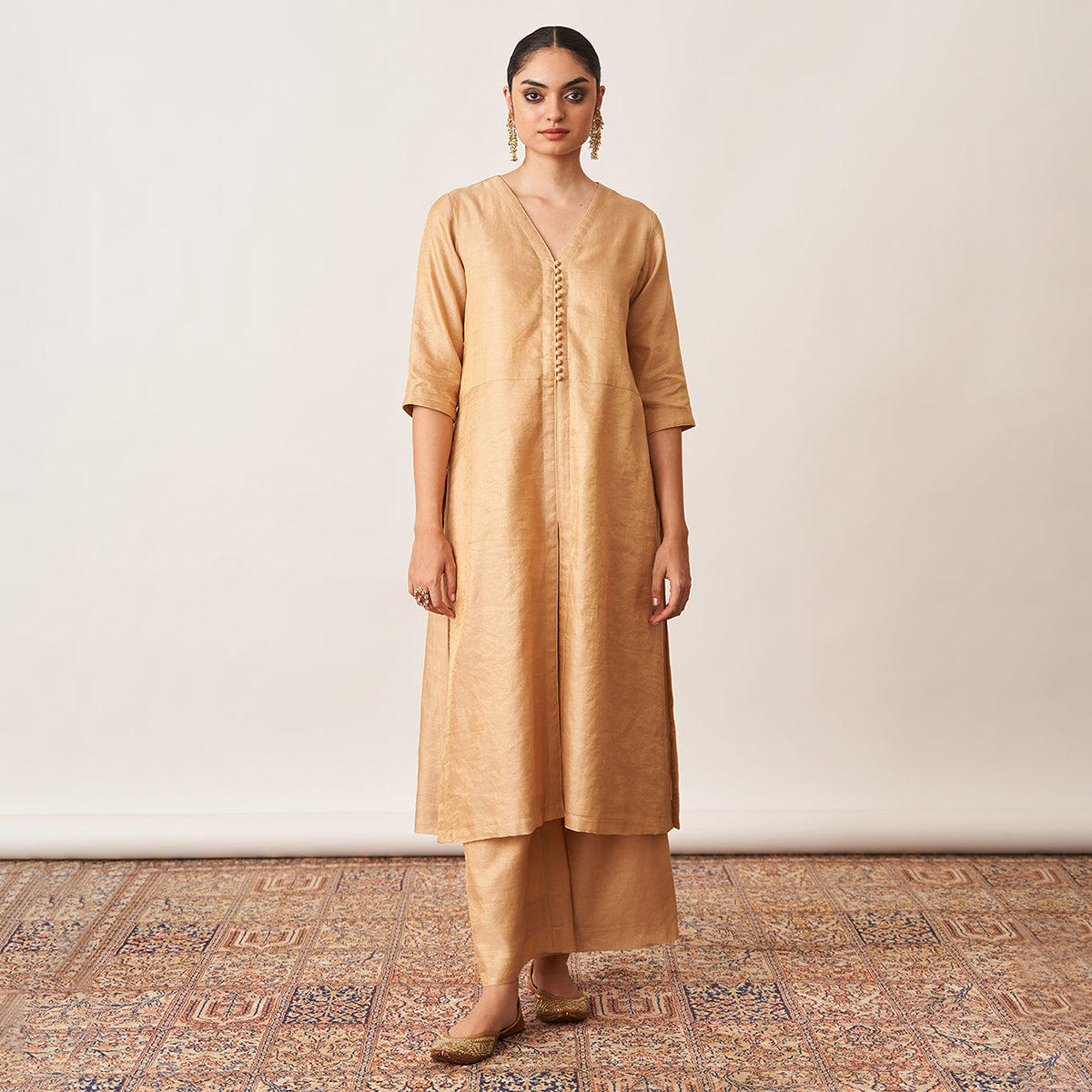 Pure Silk Tissue Chanderi Kurta & Pant Set | Gold