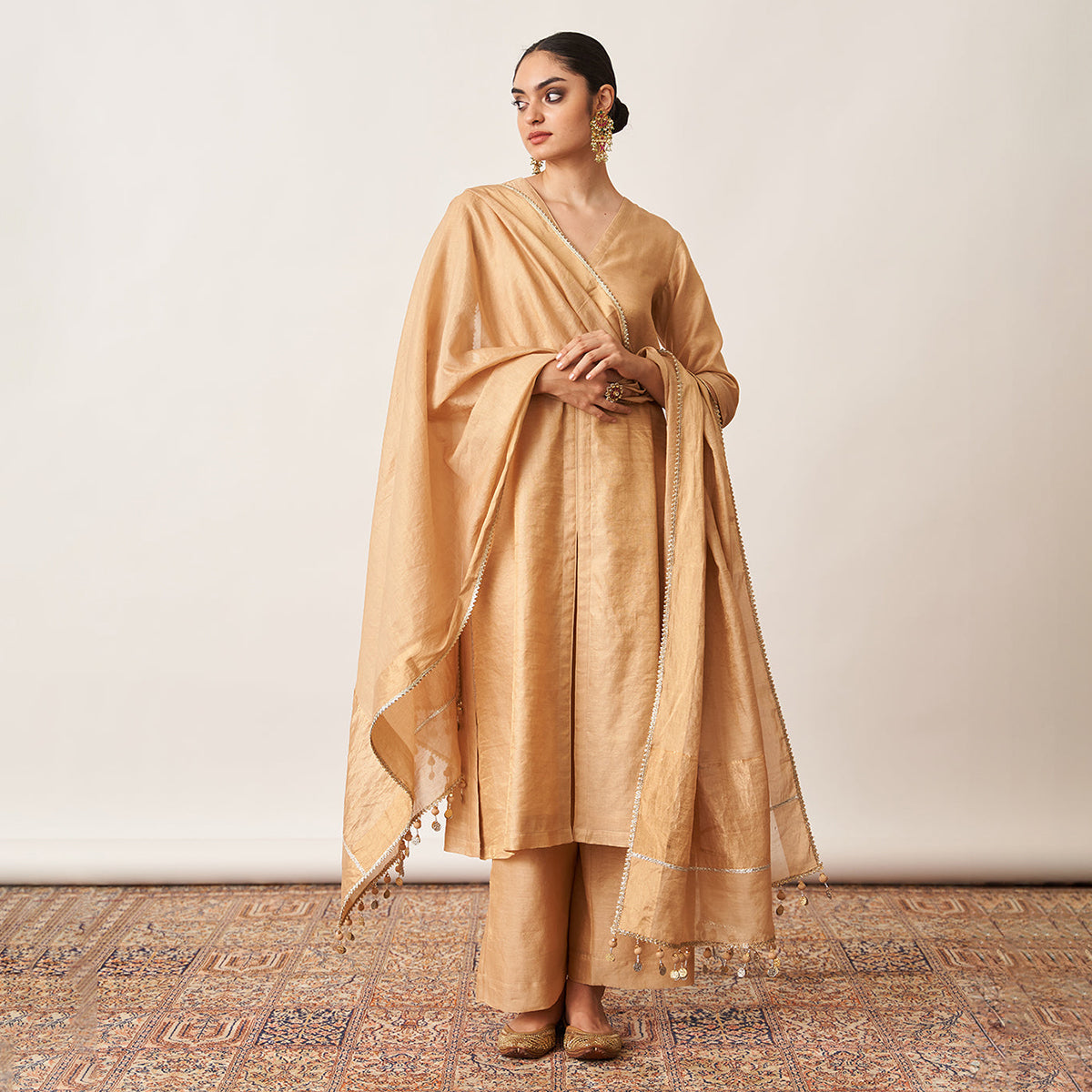 Pure Silk Tissue Chanderi Kurta & Pant Set | Gold