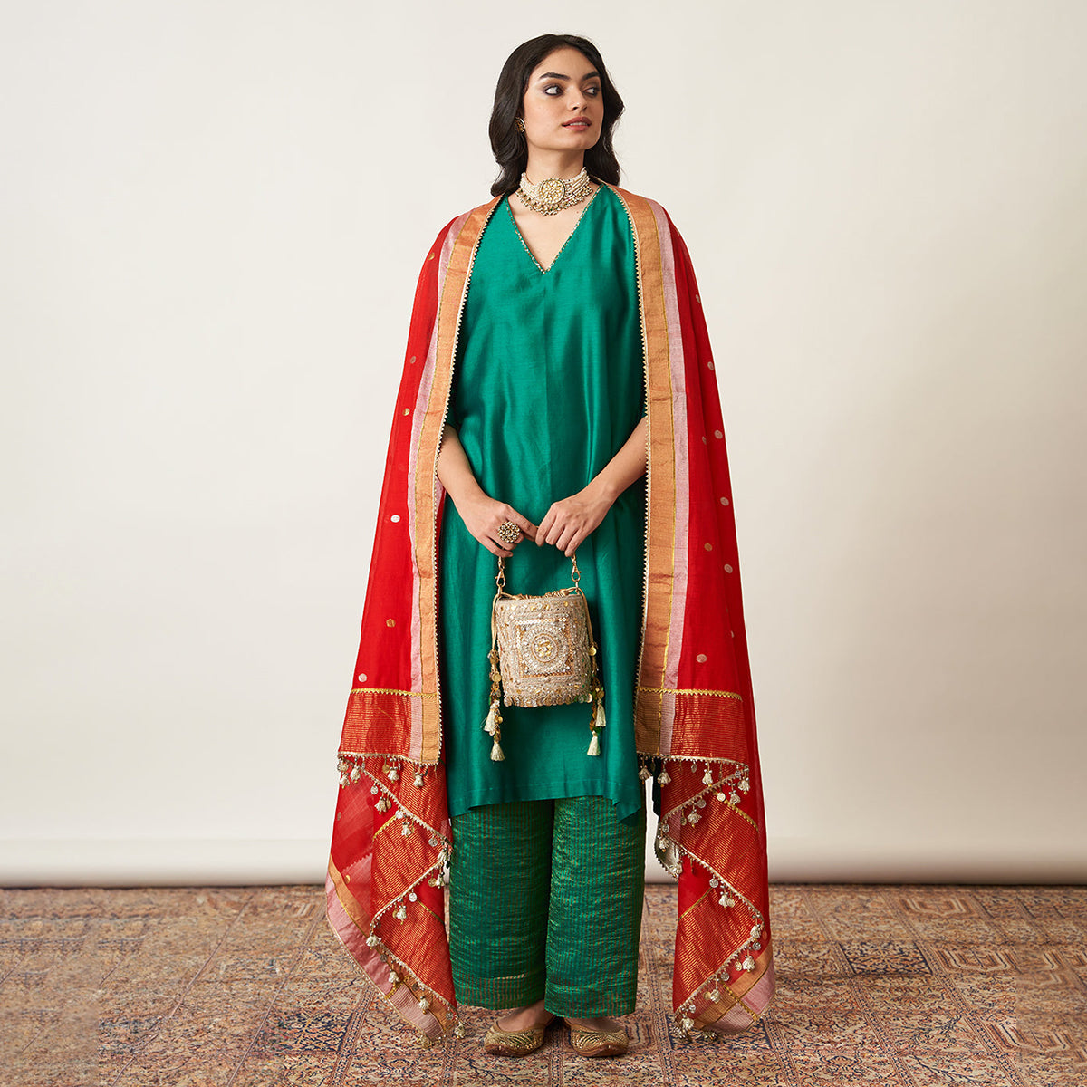 Handwoven  Silk Chanderi Kurta & Pant Set | Emerald Green