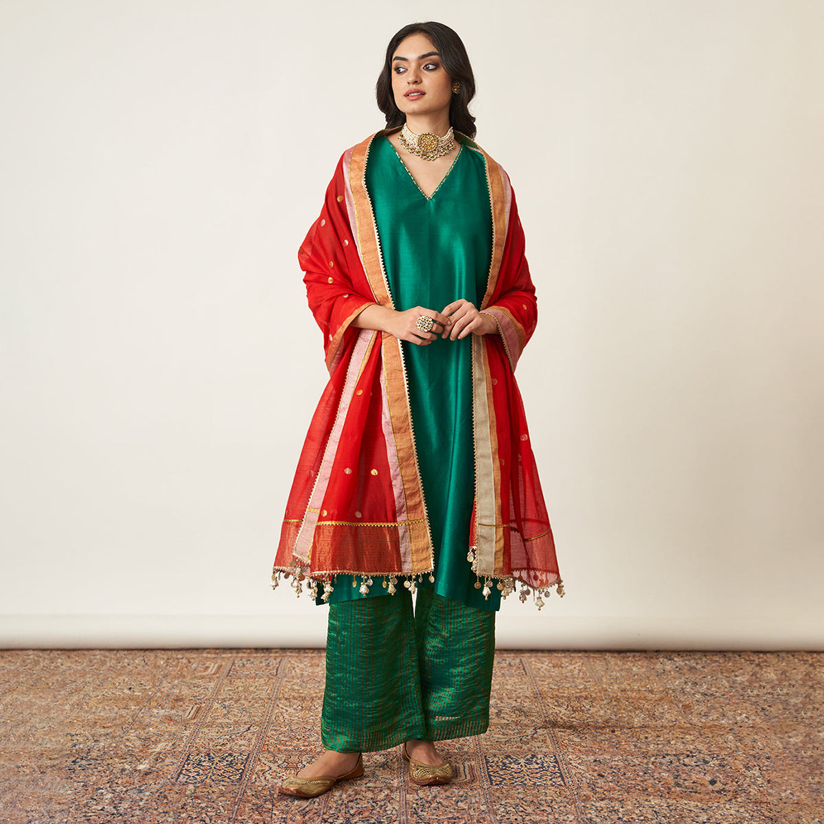 Handwoven  Silk Chanderi Kurta & Pant Set | Emerald Green