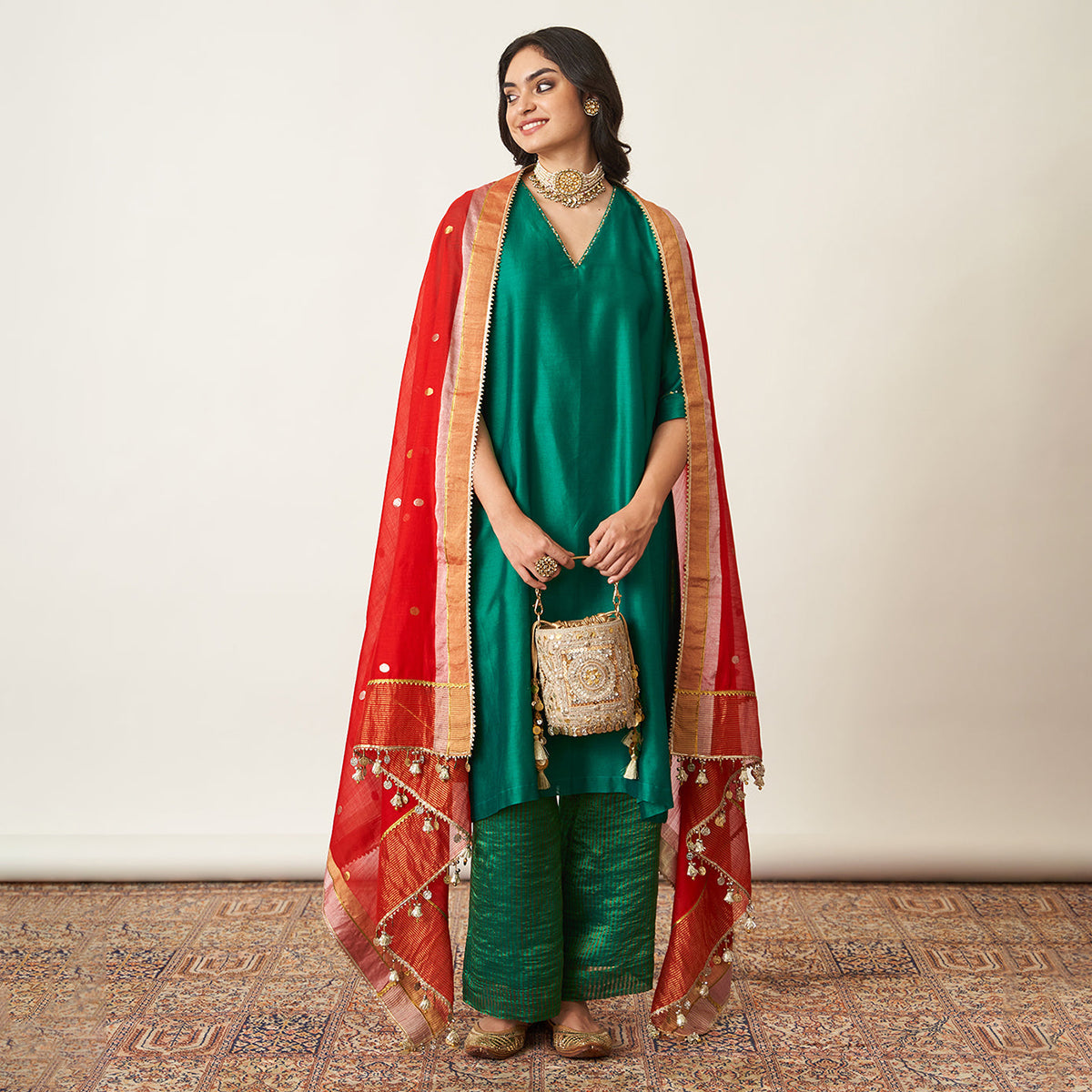 Handwoven  Silk Chanderi Kurta & Pant Set | Emerald Green