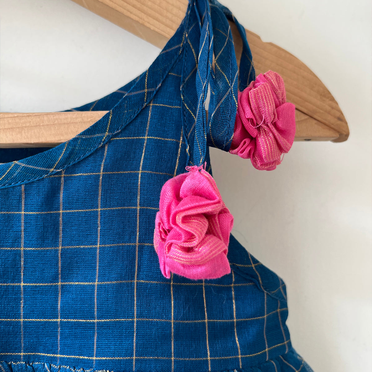 Aparajita Blue Gold Checks Infant Tiered Festive Dress