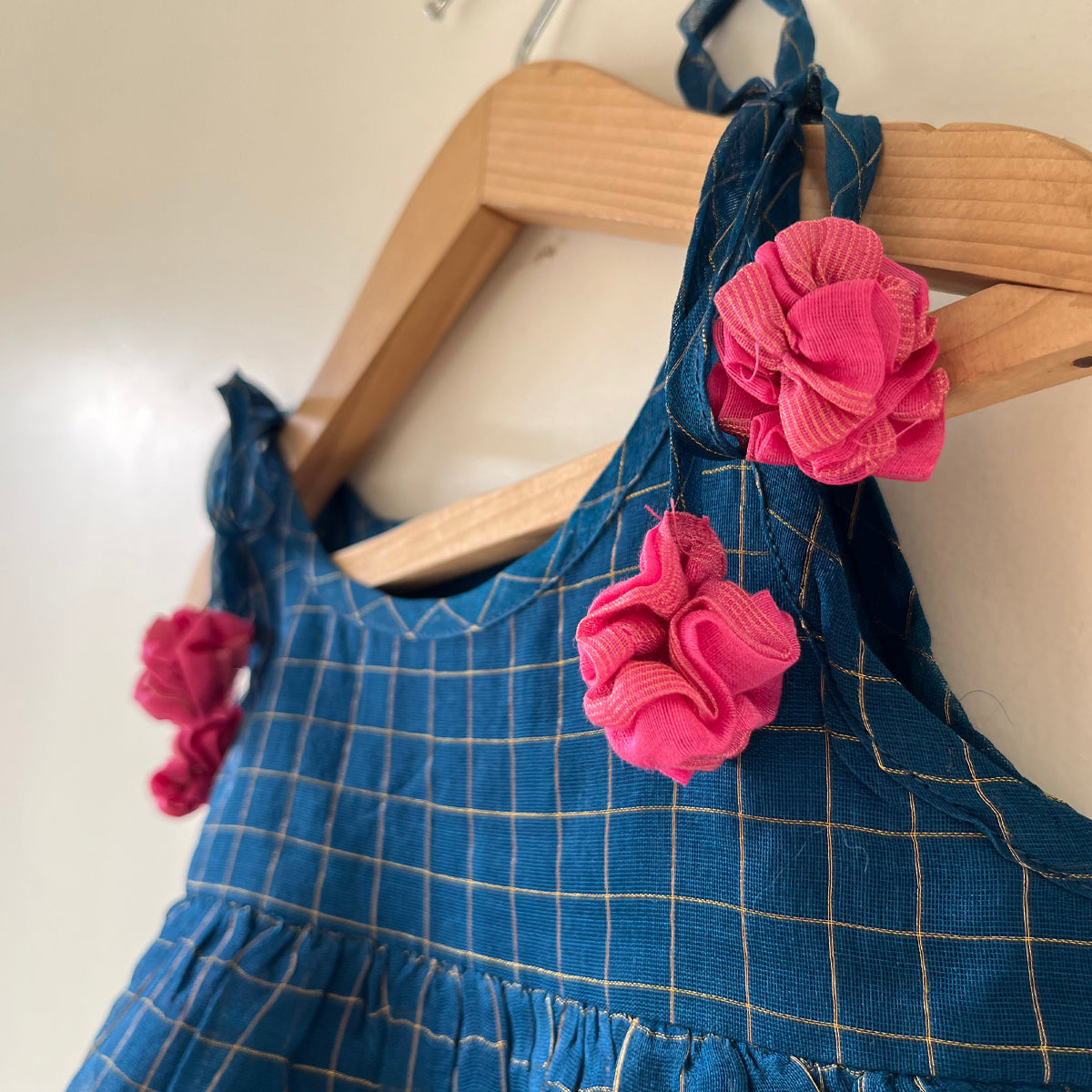 Aparajita Blue Gold Checks Infant Tiered Festive Dress