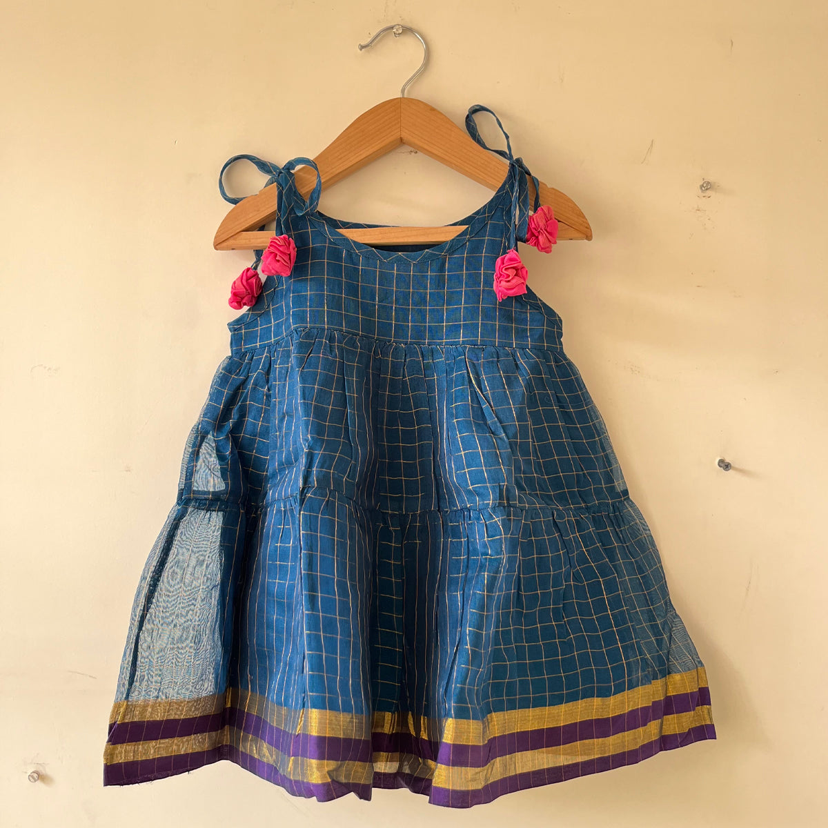 Aparajita Blue Gold Checks Infant Tiered Festive Dress