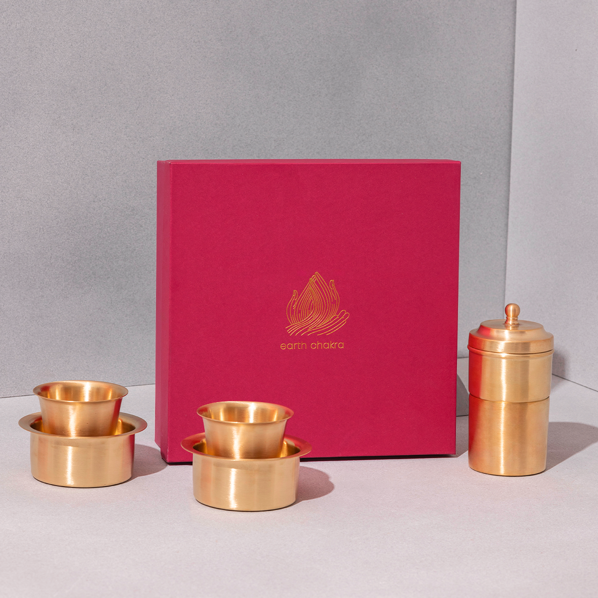 Brass Filter Coffee & Dabara Set | Gold | Set of 3 | Diwali Gift Box