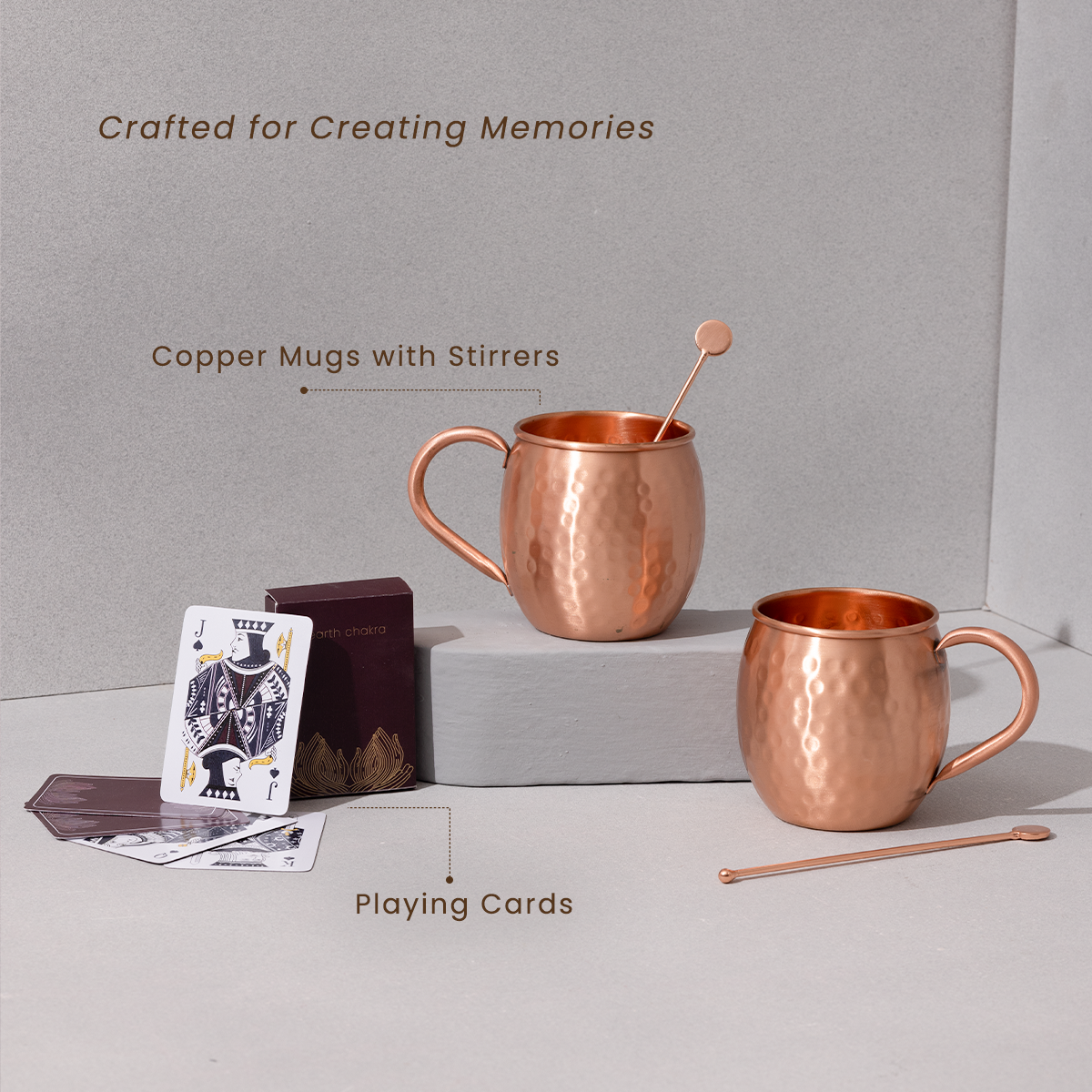 Copper Mugs with Stirrers and Playing Cards | Game Night Combo | Diwali Gift Hamper