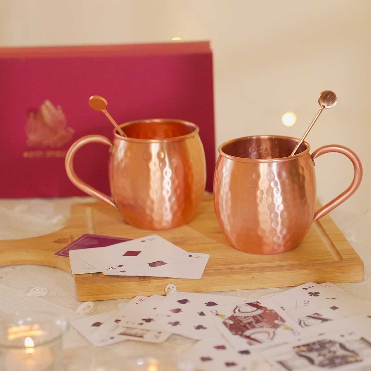 Copper Mugs with Stirrers and Playing Cards | Game Night Combo | Diwali Gift Hamper