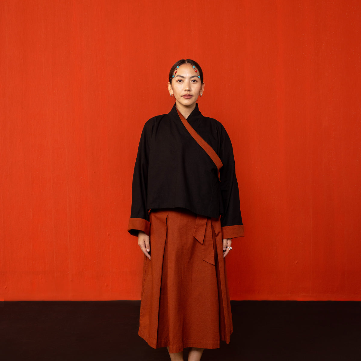 Black/Brick Red Reywa Tibetan Wrap Top