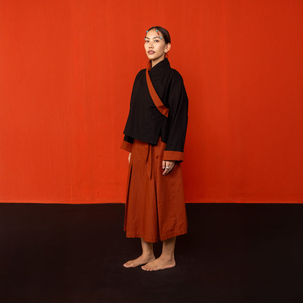 Brick Red Cotton Padma Pleated Chuba Skirt