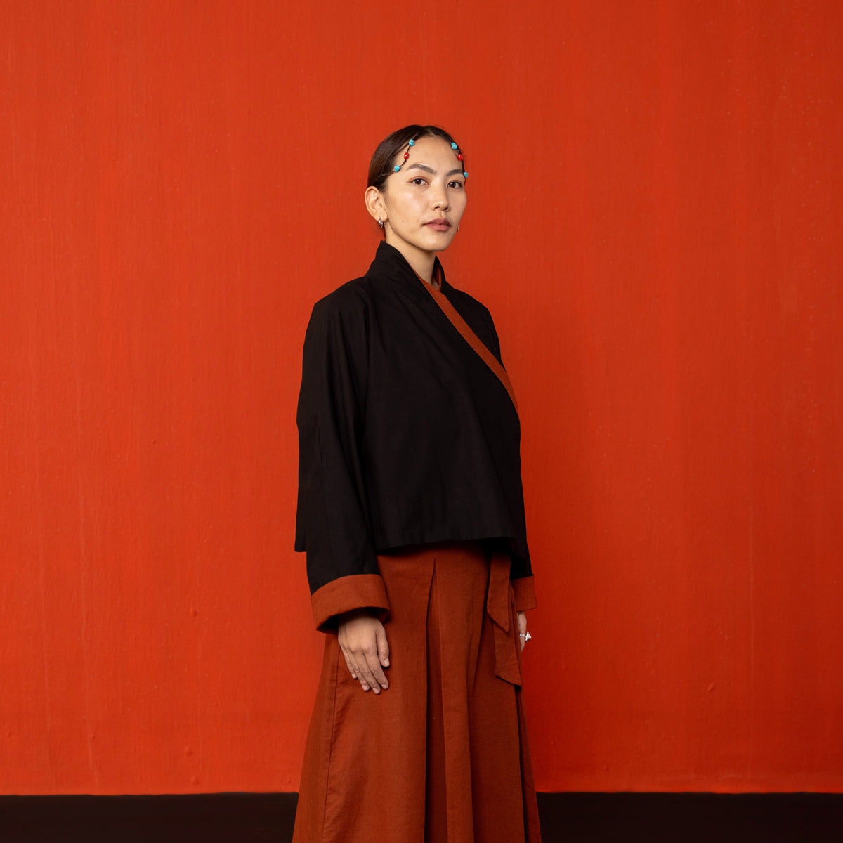 Black/Brick Red Reywa Tibetan Wrap Top