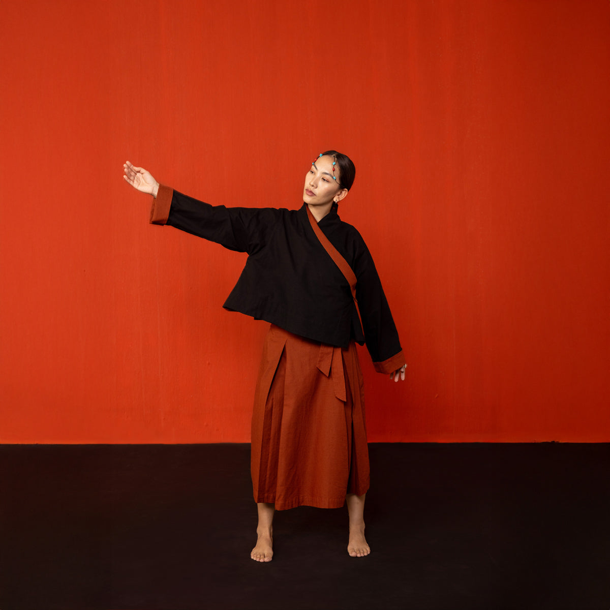 Brick Red Cotton Padma Pleated Chuba Skirt