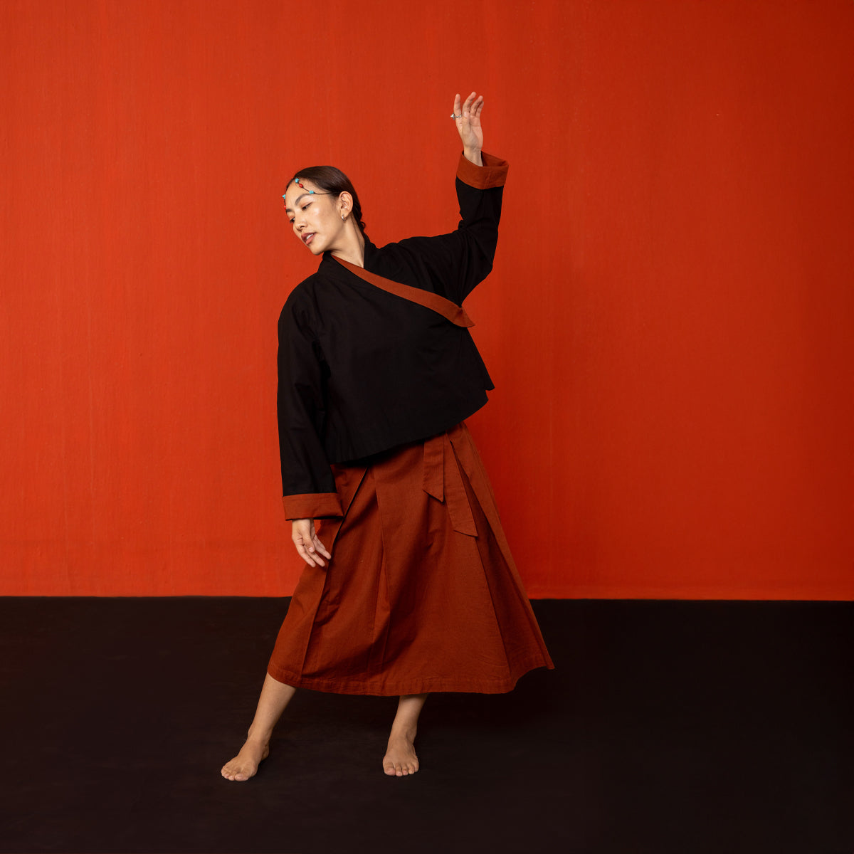 Black/Brick Red Reywa Tibetan Wrap Top