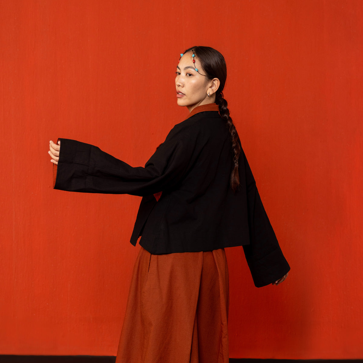 Black/Brick Red Reywa Tibetan Wrap Top