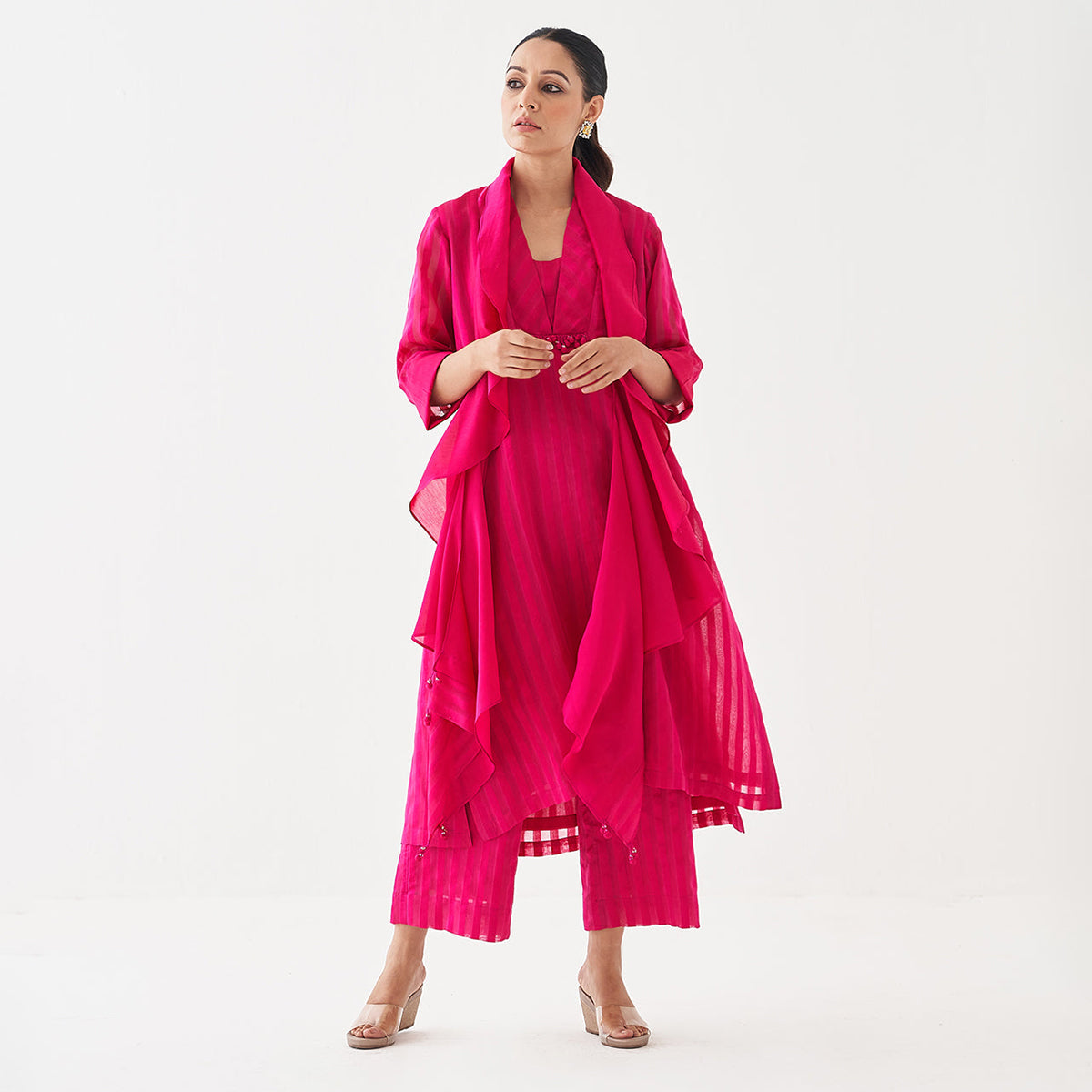 Handwoven Silk Chanderi Set With Waterfall Scarf | Rani Pink