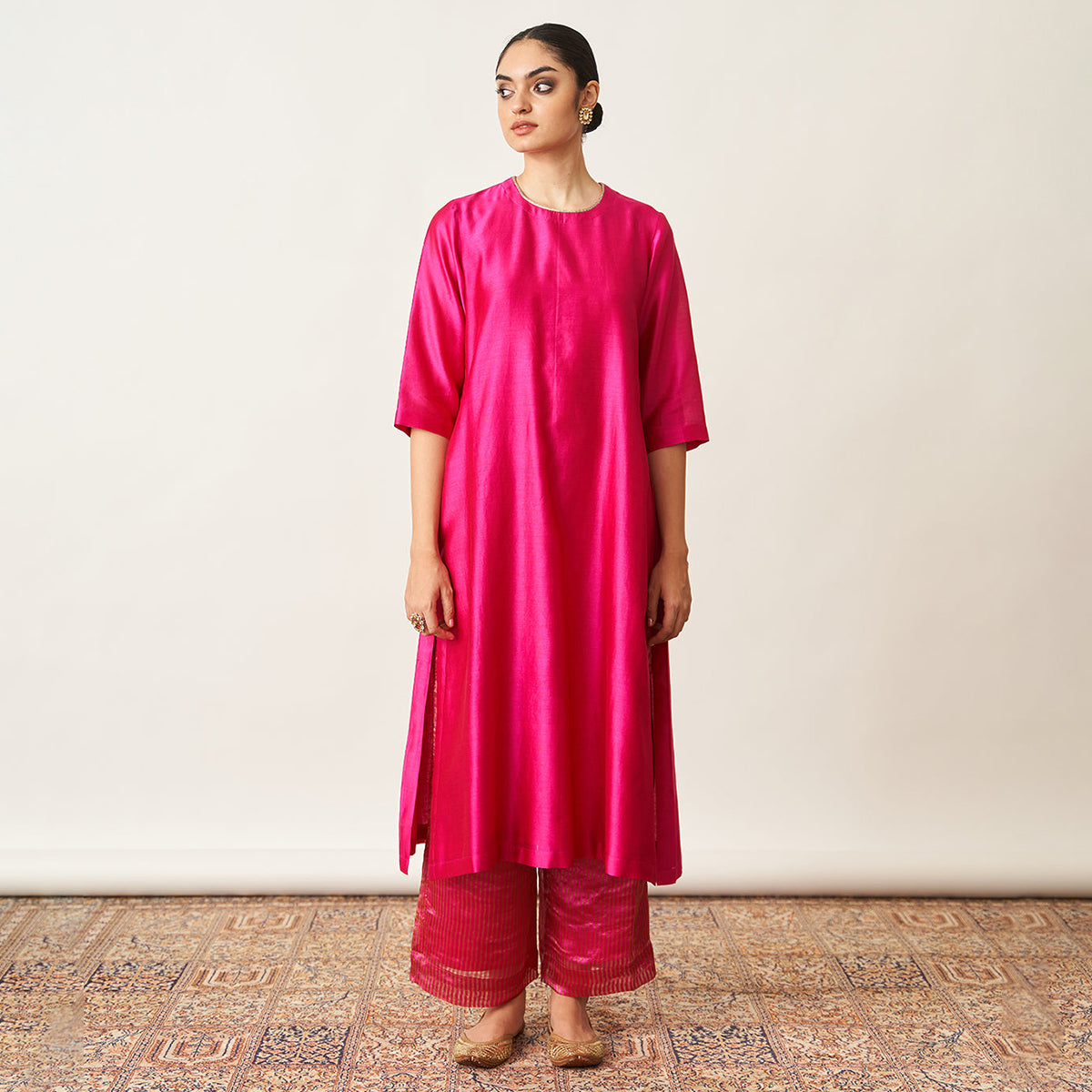 Handwoven Silk Chanderi Set with Handwork| Rani Pink