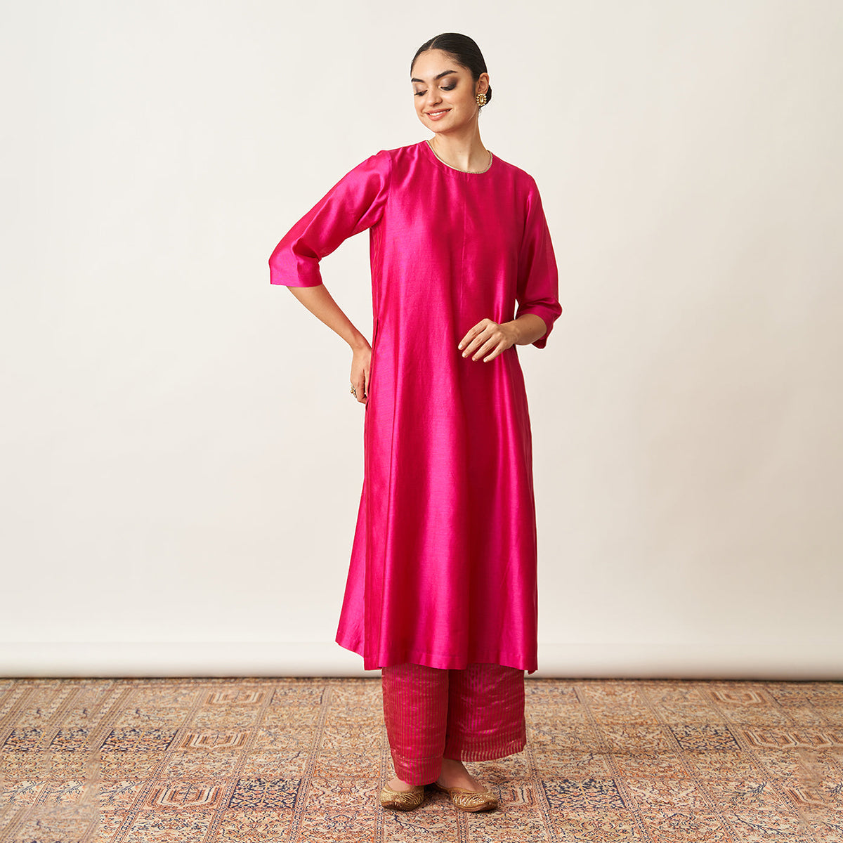 Handwoven Silk Chanderi Set with Handwork| Rani Pink