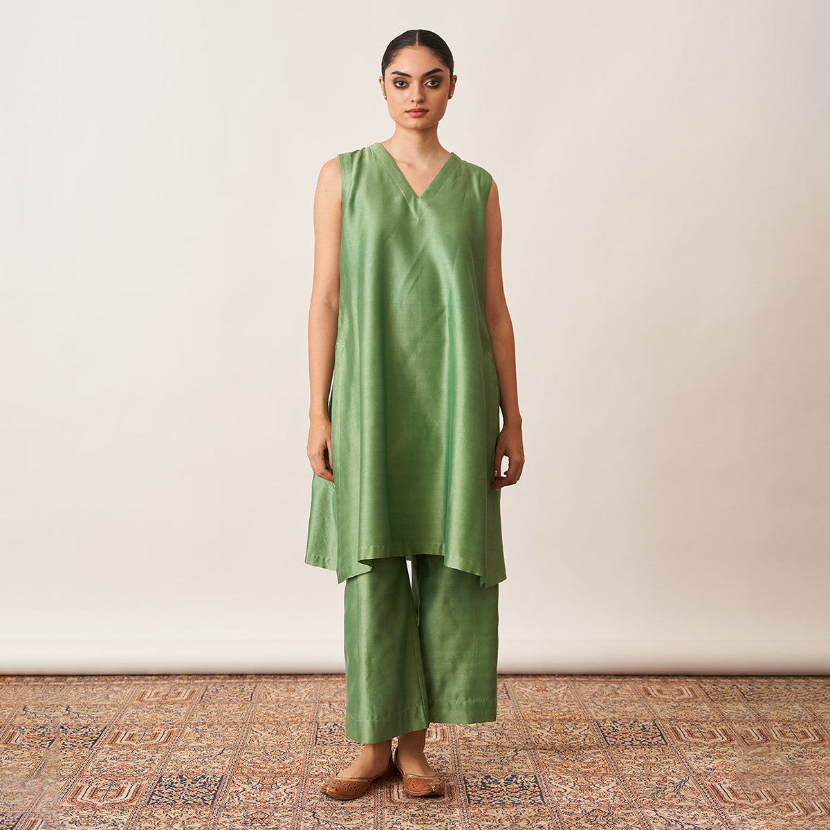 Handwoven Silk Chanderi Ensemble | Pista Green