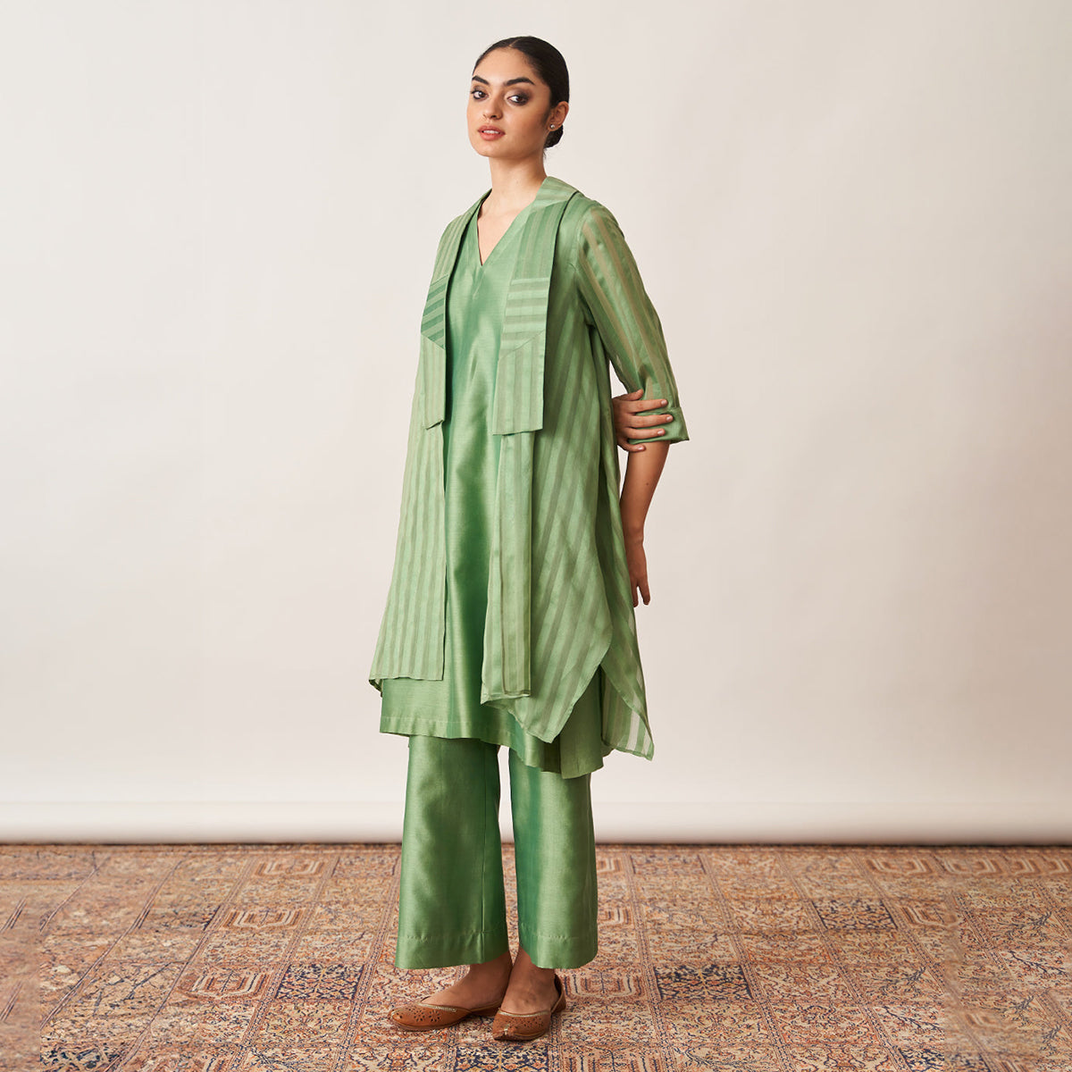 Handwoven Silk Chanderi Ensemble | Pista Green