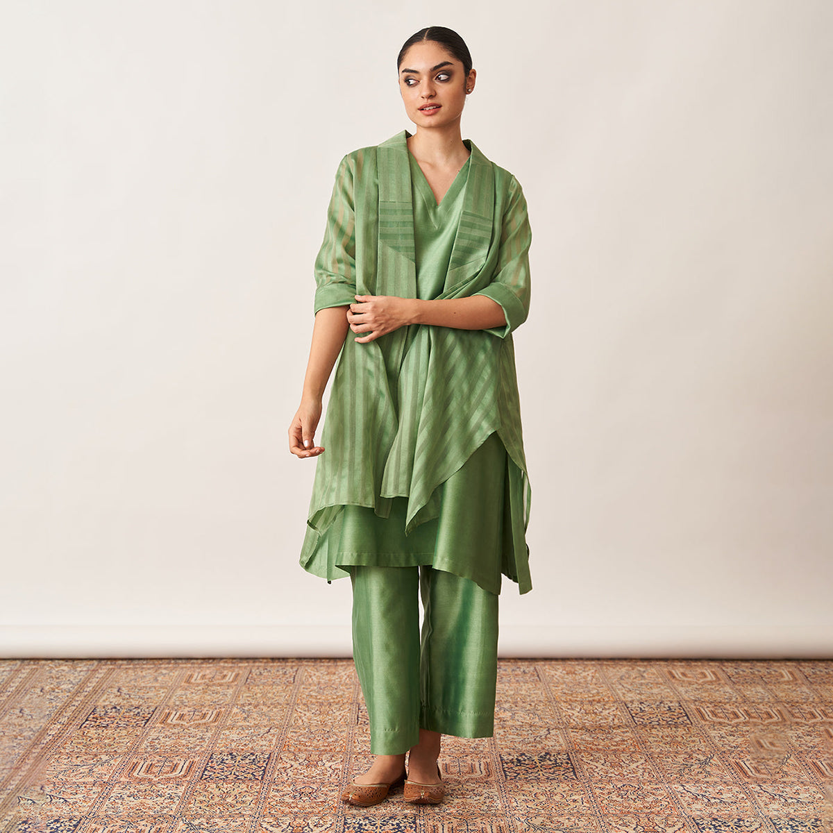 Handwoven Silk Chanderi Ensemble | Pista Green