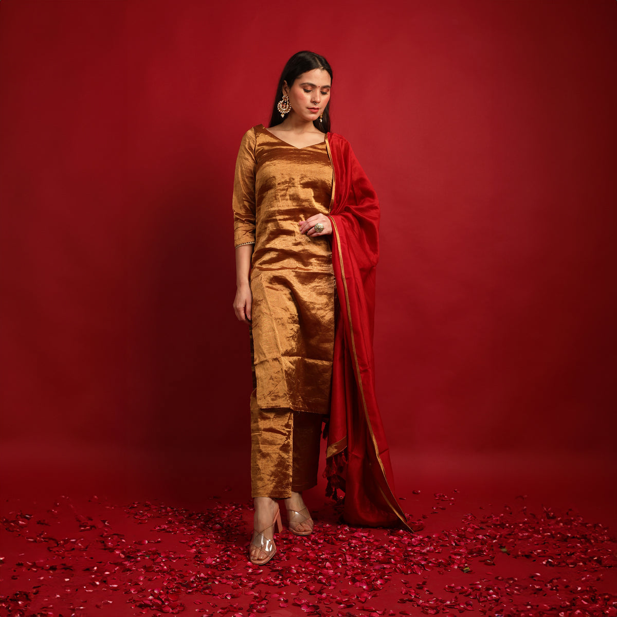 Straight Kurta & Pants Set in Gold Zari with Deep Red Chanderi Dupatta- Hand Loom