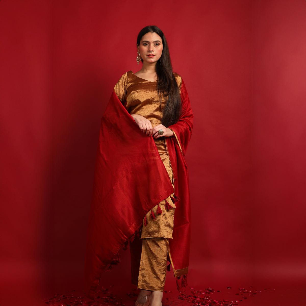 Straight Kurta & Pants Set in Gold Zari with Deep Red Chanderi Dupatta- Hand Loom