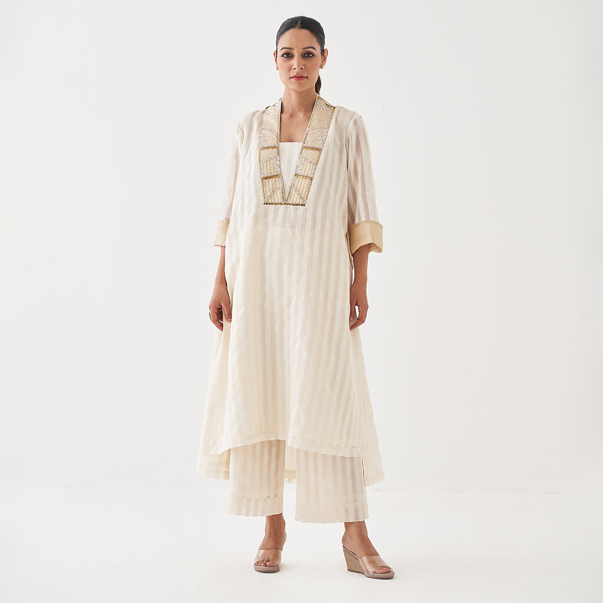 Handwoven Silk Chanderi Ensemble With Woven Banarasi & Handwork | Off-White