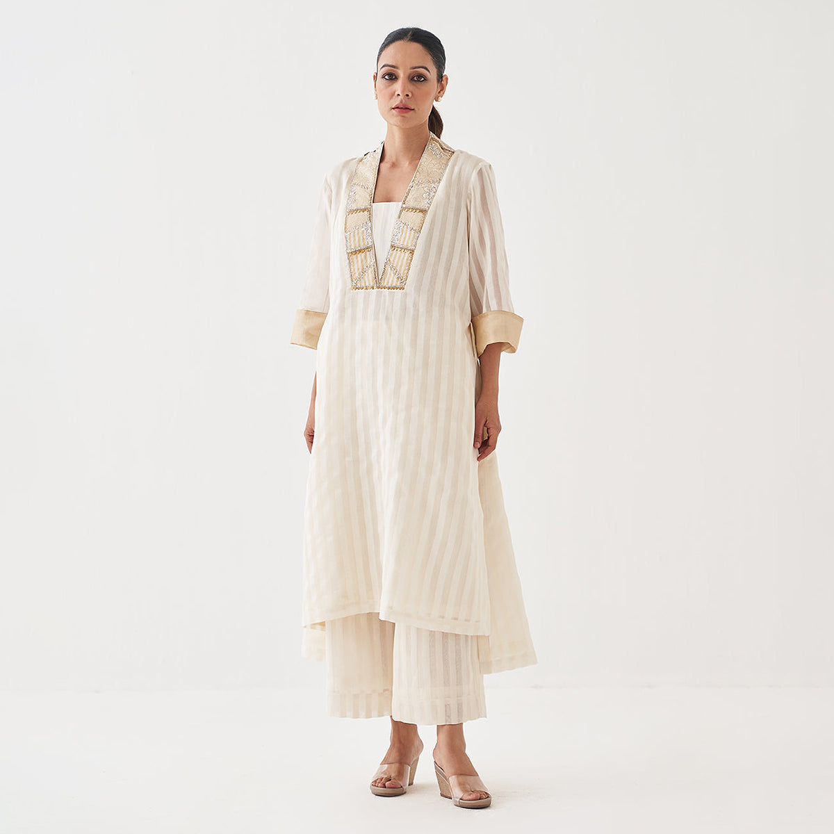 Handwoven Silk Chanderi Ensemble With Woven Banarasi & Handwork | Off-White